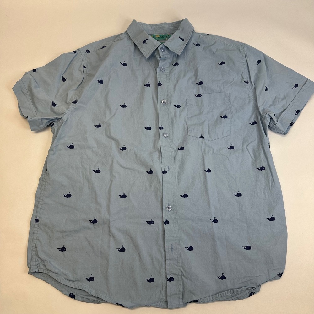 Joe Marlin Mens Large Tapered Fit Short Sleeve Whale Button Down Shirt Blue